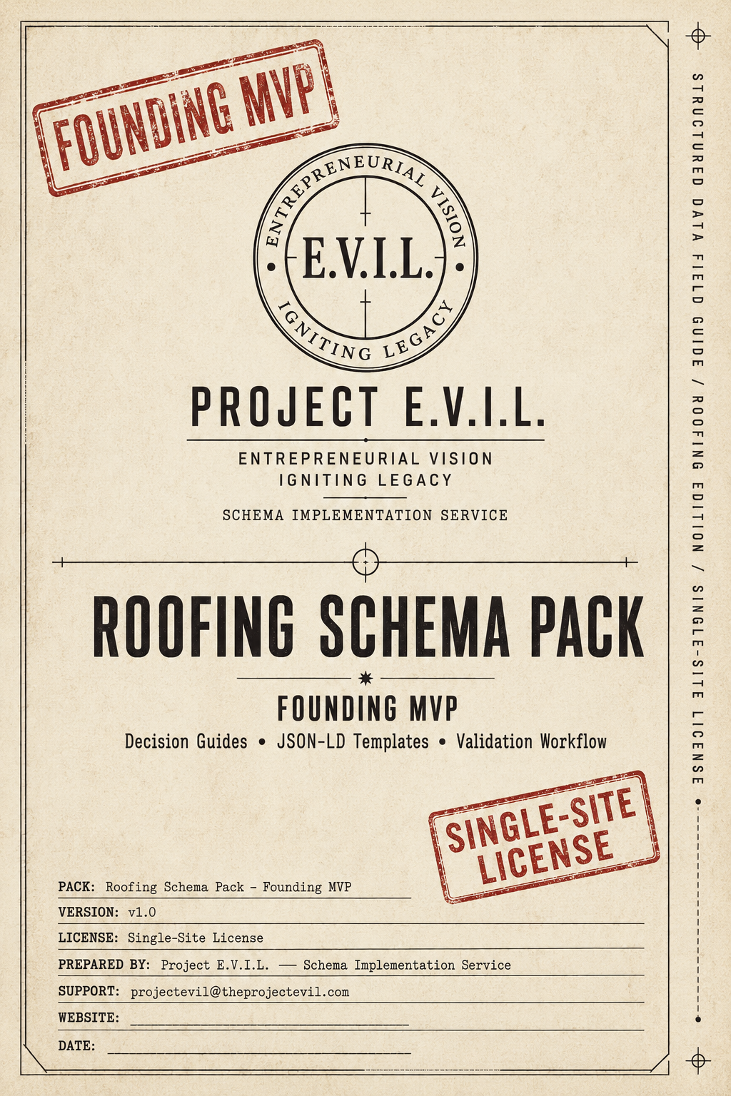 Vintage-style document with 'E.V.I.L' branding and text about a roofing schema pack.