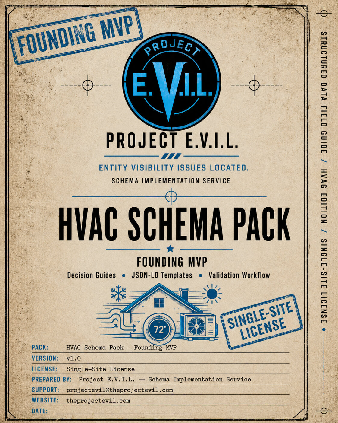 Vintage-style document with 'Project E.V.I.L.' branding and HVAC Schema Pack information.