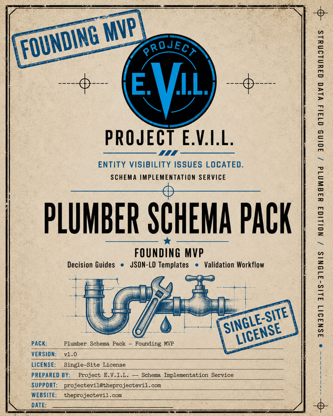 Cover of 'Plumber Schema Pack' from Project E.V.I.L. with text and graphics on a beige background.