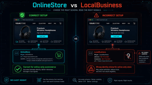 Side-by-side comparison of correct versus incorrect Shopify schema markup setup