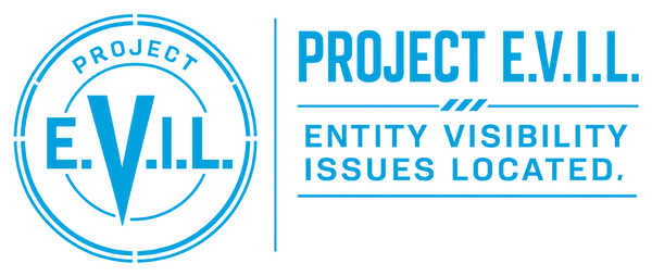 Logo for Project E.V.I.L. with text 'Entity Visibility Issues Located'.
