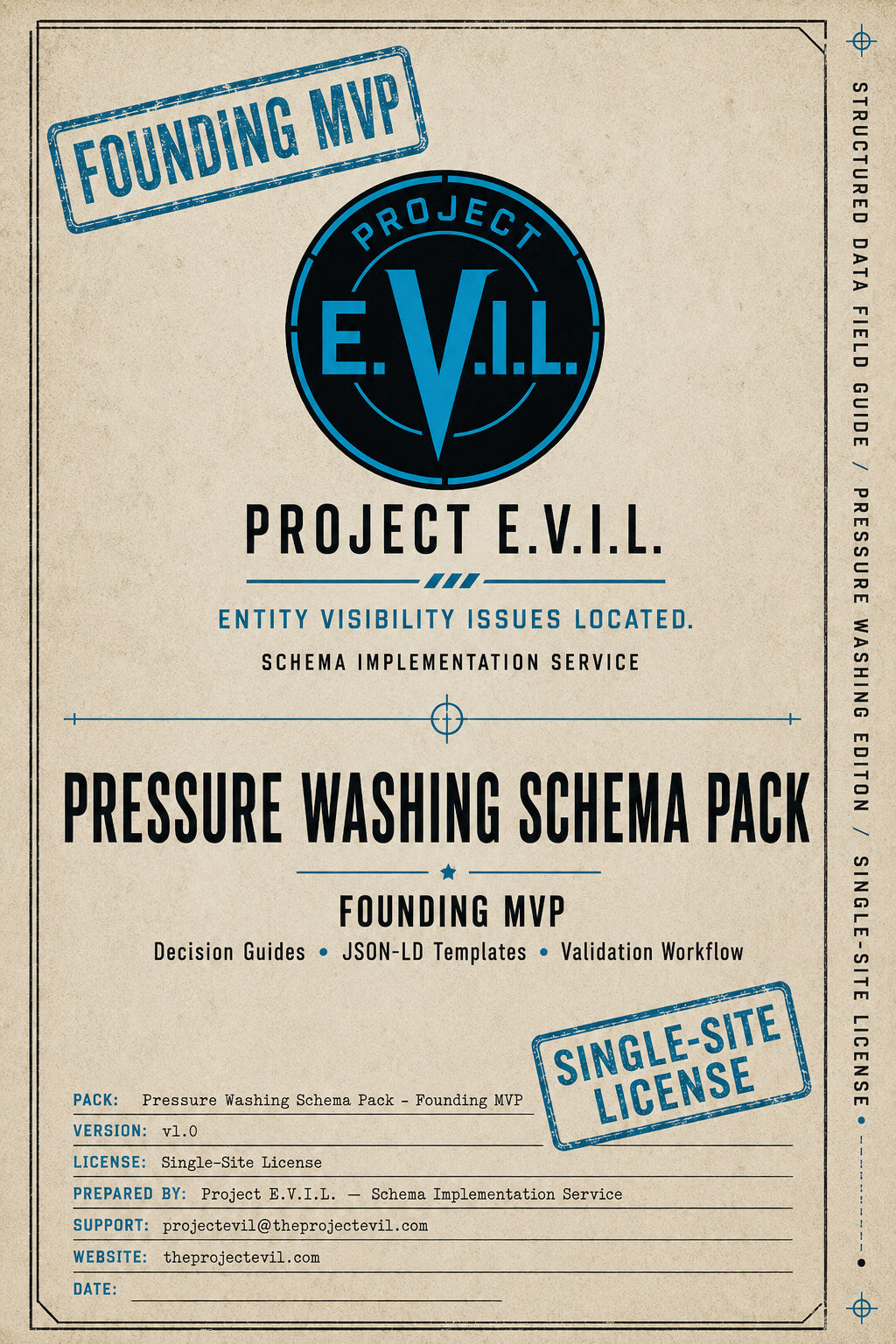 Cover of 'Project E.V.I.L.' Pressure Washing Schema Pack with branding and text.