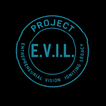 Circular logo with 'Project E.V.I.L.' text on a black background