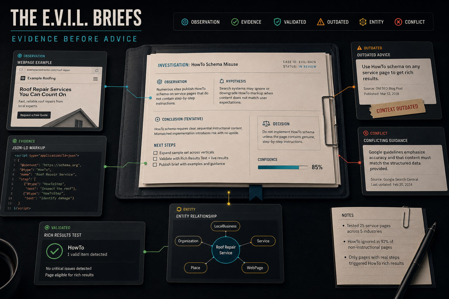 Interface of a digital briefs system with various screens and notes on a dark background
