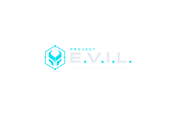 Helmet in hexagon Logo with 'Project Evil' next to it on a transparent background. 