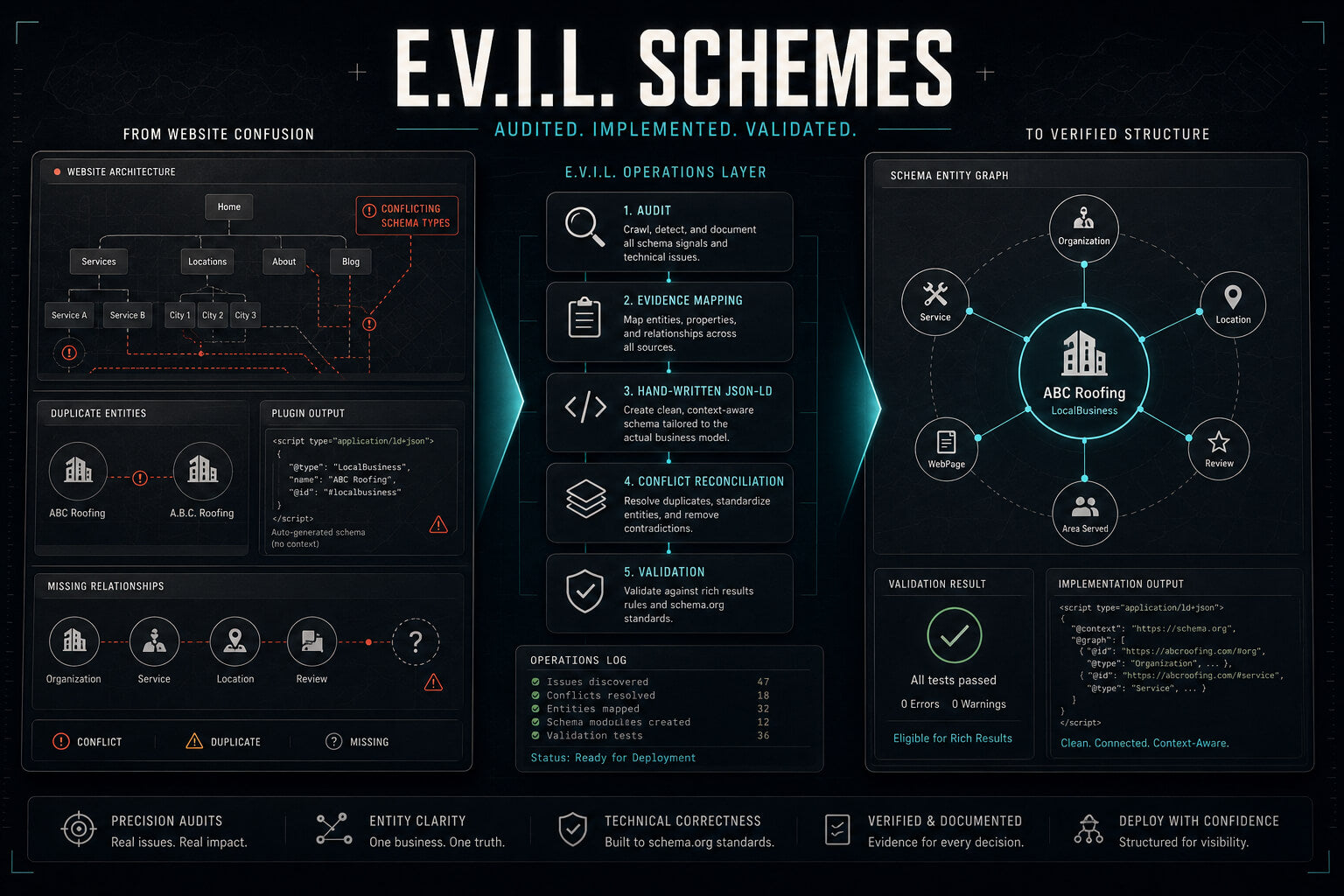 Diagram of E.V.I.L. Schemes with various components and icons on a dark background