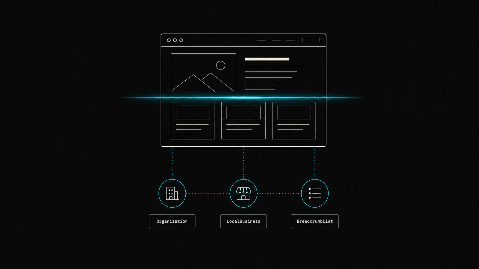 Illustration of a website layout with icons and text on a black background