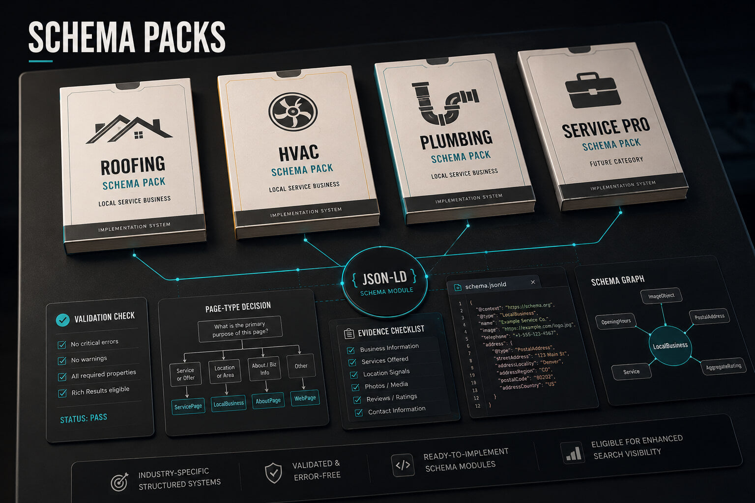 Schema packs for roofing, HVAC, plumbing, and service pro on a dark background with technical diagrams.